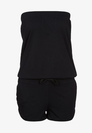 Mono negro sin tirantes con cintura elástica, detalle de cordón y piernas cortas. Tejido suave con una textura mate y lisa.