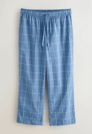 Pantaloni de pijama în carouri albastre, confecționați din material ușor, având talie elastică cu șnur și croială largă la nivelul picioarelor.
