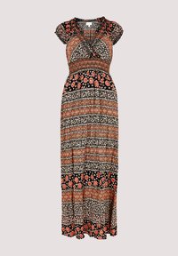 Maxikleid aus leichtem Stoff, mit floralen Mustern in Rot, Schwarz und Creme. V-Ausschnitt, kurze Ärmel und im gestuften Design.
