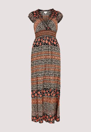 Maxikleid aus leichtem Stoff, mit floralen Mustern in Rot, Schwarz und Creme. V-Ausschnitt, kurze Ärmel und im gestuften Design.
