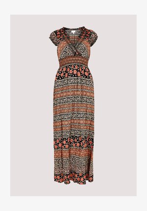 Maxi dress in lightweight fabric, featuring floral patterns in red, black, and cream. V-neckline, cap sleeves, and a tiered design.
