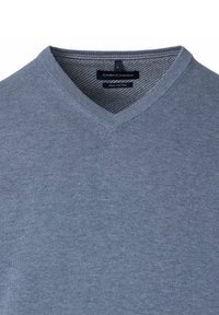 V-hals pullovertrui in een zachte blauwe tint, gemaakt van Pima-katoen. Beschikt over een fijne gebreide textuur en een subtiele logo op de onderste linkerzijde.