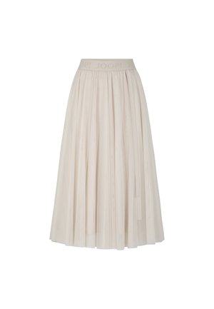 Pleated midi skirt in light beige with an elastic waistband featuring embossed brand logo. Soft texture with flowing design.