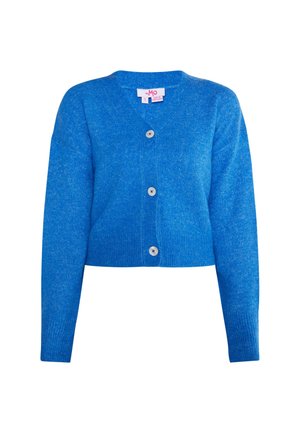 Blauer kürzerer Cardigan aus weichem Strickmaterial, mit V-Ausschnitt und vier dekorativen Knöpfen auf der Vorderseite sowie gerippten Bündchen.