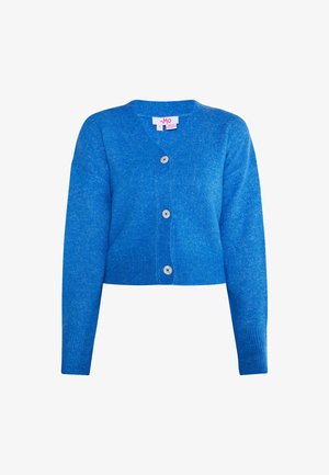 Blauwe korte cardigan van zachte gebreide stof, met een V-hals en vier decoratieve knopen aan de voorkant, met geribbelde manchetten.