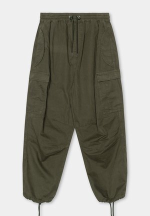 Olive green cargo pants with an elastic waistband, drawstring, side pockets, and tapered cuffs. Made from a lightweight, durable fabric.