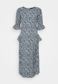 Blå blommig klänning med långa ärmar, peplummidja och volangmuddar. Tillverkad av lättviktigt tyg med ett mönster av vita och blå blommor.