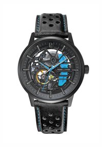 Montre squelette noire avec un cadran transparent, des accents bleus et un bracelet en cuir noir avec des perforations et des coutures bleues.