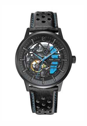 Black skeleton watch with transparent dial, blue accents, and a black leather strap featuring perforations and blue stitching.