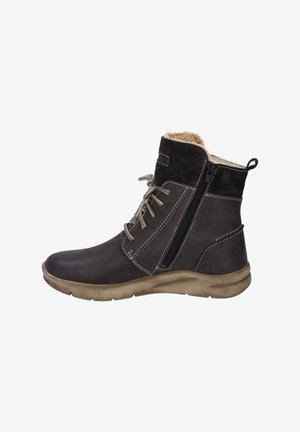 Bottines en cuir marron foncé avec une finition texturée, lacées à l'avant, avec une fermeture éclair sur le côté et une doublure en fausse fourrure. Semelle en caoutchouc marron clair.