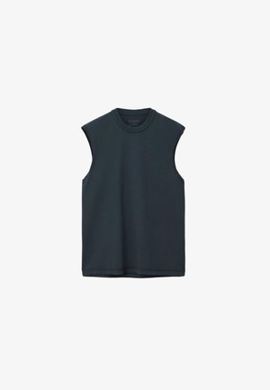 T-shirt sans manches bleu marine foncé à col rond avec une coupe décontractée, présenté à plat sur un fond blanc.
