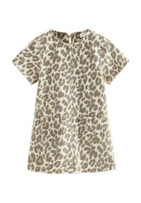 Robe à manches courtes pour tout-petit avec imprimé léopard beige et marron, poches avant et fermeture par boutons au dos.