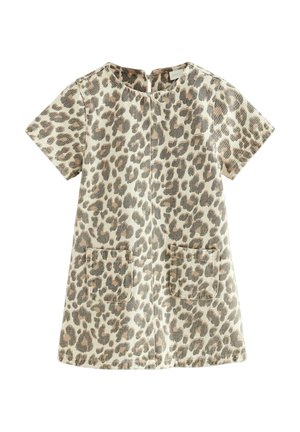 Lühikeste varrukatega beebitüdruku kleit beeži ja pruuni leopardimustriga, esikäetaskute ja tagant nööpidega sulgumisega.