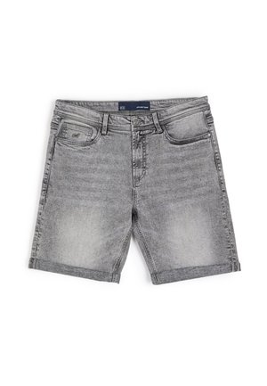 Szare szorty dżinsowe o klasycznym fasonie, pięcioma kieszeniami i z podwiniętymi nogawkami. Tkanina ma wyblakłe wykończenie z subtelnymi wariacjami tekstury.