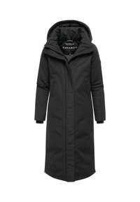 Lang sort parka med hætte, der har lynlåslukning, to sidelommer og en glat, mat overflade. Simpelt design med minimale detaljer.