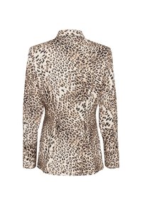 Blazer cintré imprimé léopard avec manches longues et détails structurés au dos, vu de dos sur fond blanc.