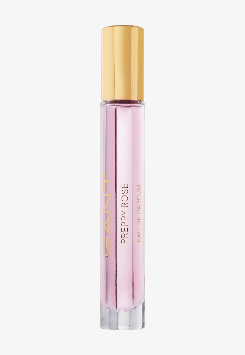 Slim transparent pink perfume bottle with gold cap labeled "GANT Preppy Rose Eau de Parfum".