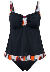 Haut de bain noir avec des accents imprimés abstraits colorés sur les bretelles et l'ourlet. Présente un design avec un corsage froncé. Le matériau semble lisse et extensible.