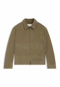 Olivengrøn zip-up jakke lavet af tekstureret stof, med krave, sidelommer og en brystlomme til praktisk brug.