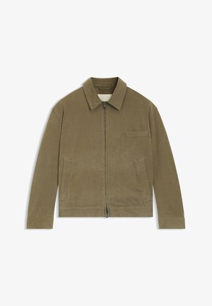 Olive green zip-up jacket made of textured fabric, featuring a collar, side pockets, and a chest pocket for practical use.