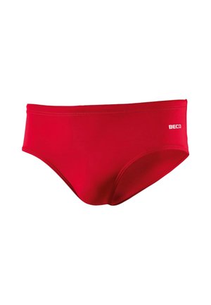 Rote Herren-Badehose mit kleinem weißen BECO-Logo an der rechten Hüfte, vor weißem Hintergrund gezeigt.