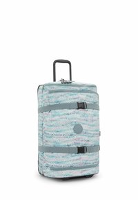 Rolling suitcase with a pastel palm leaf pattern, made of durable fabric, featuring a retractable handle and secure straps.