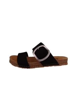 Black suede slide sandal with a wide strap and a silver metal buckle. Features a natural cork footbed and textured rubber sole.