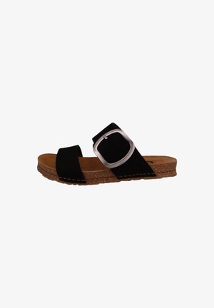 Sorte ruskinds slidesandal med en bred strop og en sølvmetalspænde. Har en naturlig korkfodbed og en struktureret gummisål.