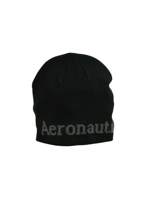 Cappello nero lavorato a maglia con testo grigio che recita "Aeronauti", parzialmente visibile lungo il bordo inferiore.