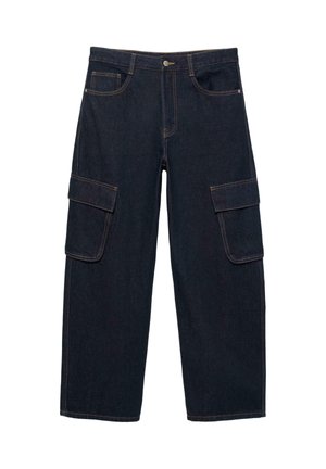 Temno modre kavbojske hlače z gumbi za zapiranje, sprednjimi žepi in velikimi žepi s poklopcem na vsaki stegni, raven kroj nogavic.