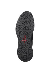 Sola di sneakers nera con battistrada a motivi, dotata di un logo rosso "GRIP" e forme intersectanti per una maggiore aderenza. Materiale di gomma testurizzato per una maggiore durabilità.