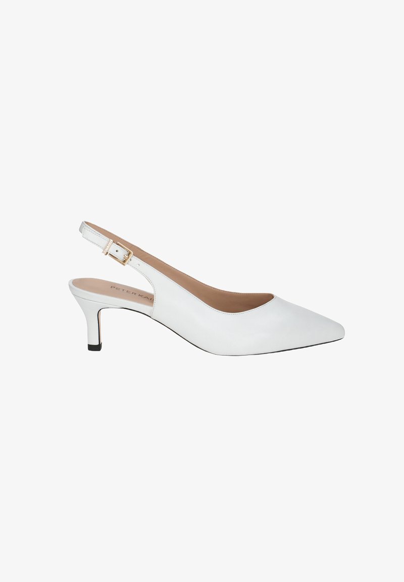 White slingback pump with a pointed toe, smooth leather upper, small heel, and a gold buckle detail on the adjustable strap.