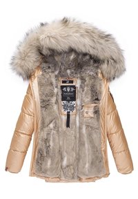 Chaqueta acolchada beige con capucha forrada de piel sintética, interior gris acolchado y exterior liso. Cuenta con etiqueta de marca y bolsillo de almacenamiento en el interior.