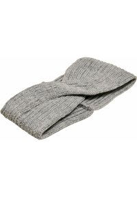 Fascia per la testa grigia in maglia con design intrecciato, caratterizzata da una texture a coste e una finitura morbida, adatta per tenere le orecchie calde.
