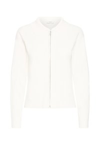 Cardigan blanc à fermeture éclair, manches longues, texture côtelée, et col plat. Comprend une fermeture éclair argentée comme détail de fermeture.