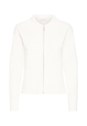 Cardigan alb cu fermoar, mâneci lungi, textură ribată și guler plat. Prezintă un fermoar argintiu ca detaliu de închidere.