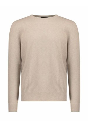 Maglione beige a maniche lunghe in maglia con scollo tondo e polsini e orlo a coste, mostrato su uno sfondo bianco uniforme.