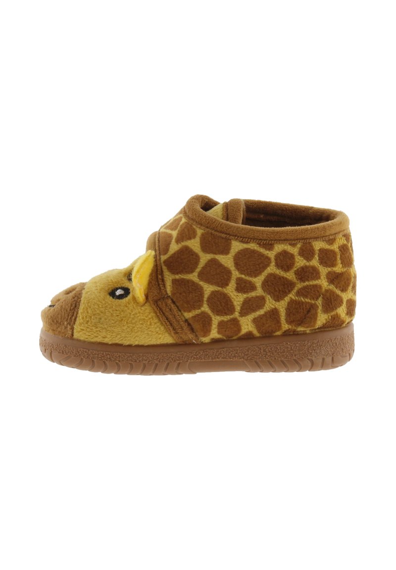 Pantofole in peluche marrone a tema giraffa con accenti gialli, stampa giraffa testurizzata, punta arrotondata e suola in gomma per una buona aderenza.