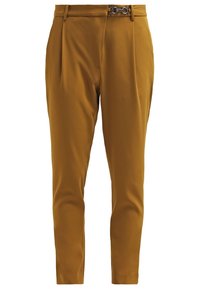 Senapsgula byxor med skräddarsydd passform, som har veck, en mjuk textur och en detalj med spänne i silver vid midjan.