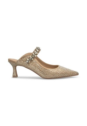 Scarpa slingback a punta in rete metallica oro con decorazioni in strass sulla fascetta. Presenta un tacco piccolo e sagomato.
