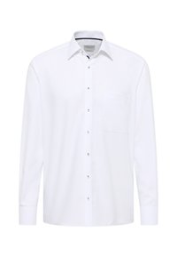 Wit shirt met lange mouwen, een kraag, knoopsluiting aan de voorkant, een borstzak en een gestructureerde stof. Zilverkleurige knopen sieren de voorkant.