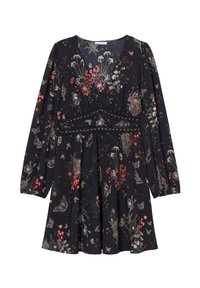Floral long-sleeve dress with a black background, featuring intricate patterns of flowers and butterflies, a cinched waist, and a flared skirt.