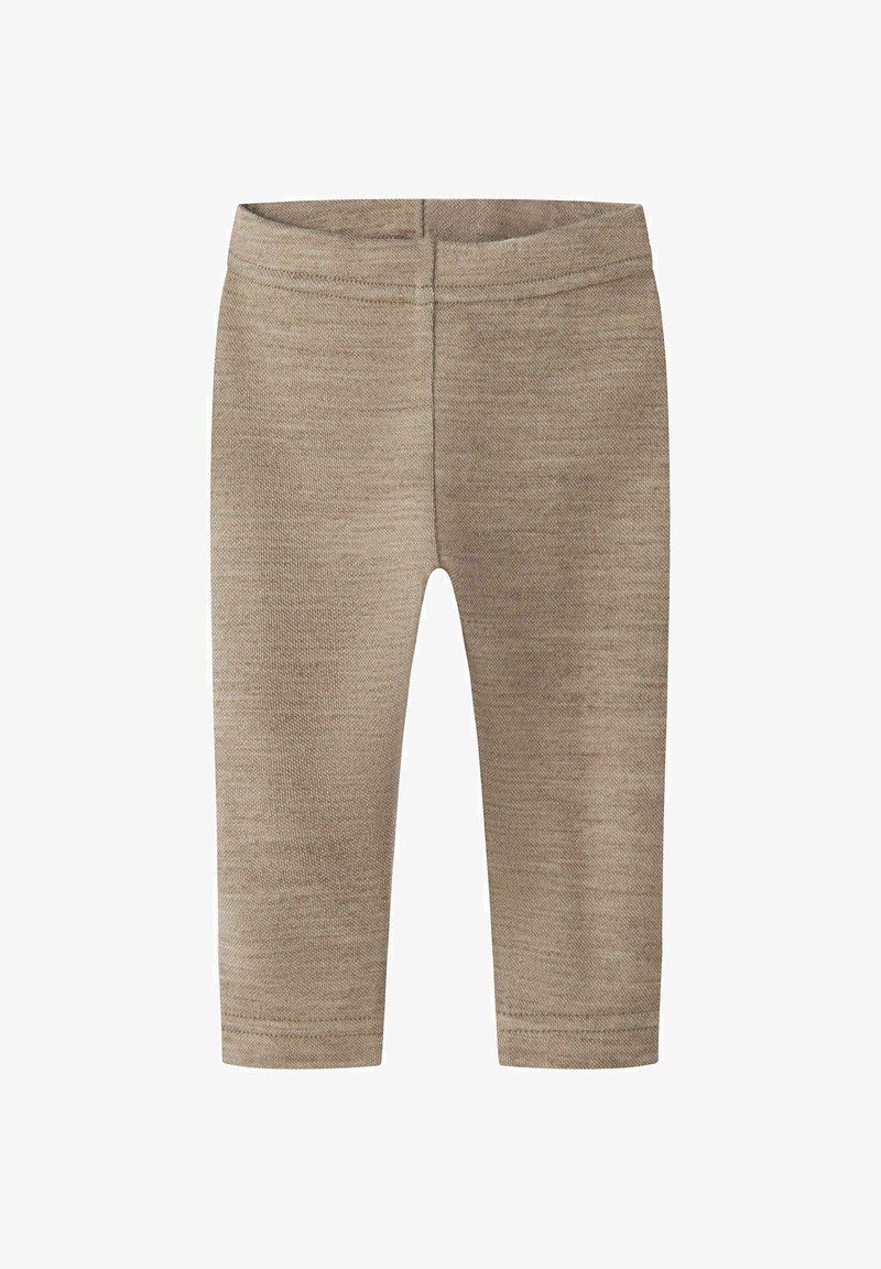 Leggings bébé en tricot doux beige avec taille élastique et ourlets cousus, présentés à plat sur fond blanc.
