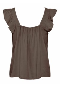 Haut marron sans manches avec larges bretelles volantées et détail froncé en tissu le long du décolleté carré.