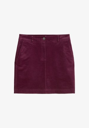 Burgundy corduroy skirt with a straight cut, featuring front pockets and a single button closure at the waistband.