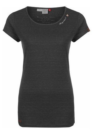 Mørkegrå kortærmet dame-t-shirt med rund halsudskæring, lille hjerteknap og skript-detalje nær venstre skulder, smal pasform.