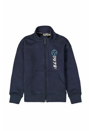 Navy blauwe zip-up hoodie van een katoenmix met een hoge kraag, voorkruiden en een wit-blauwe 1972 graphic en honkbalontwerp.