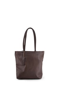 Braune Leder-Henkeltasche mit strukturierter Oberfläche, zwei langen Griffen und rechteckiger Form, mit einem kleinen Markenanhänger.