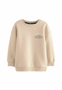 Beige sweatshirt med rund halsringning och neddragna axlar. Har en liten logotypgrafik på bröstet. Tillverkad av mjukt material med ribbad mudd.