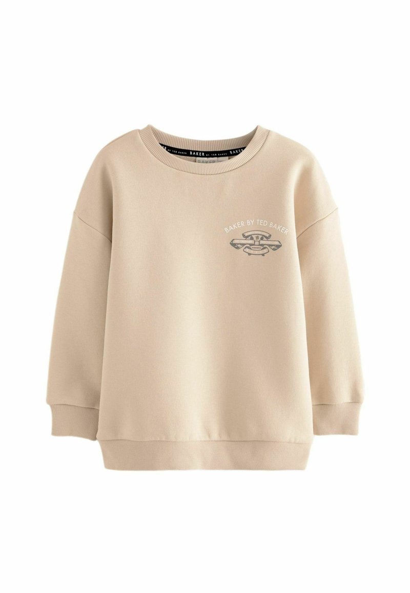 Beige sweatshirt med rund halsringning och neddragna axlar. Har en liten logotypgrafik på bröstet. Tillverkad av mjukt material med ribbad mudd.